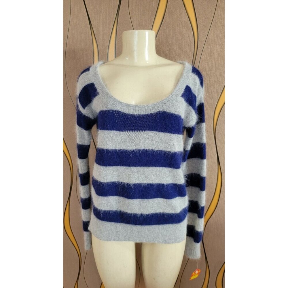 MODA INTERNATIONAL WOOL+RABBIT HAIR  BLUE/GRAY STRIPED SWEATER SIZE XS # 38